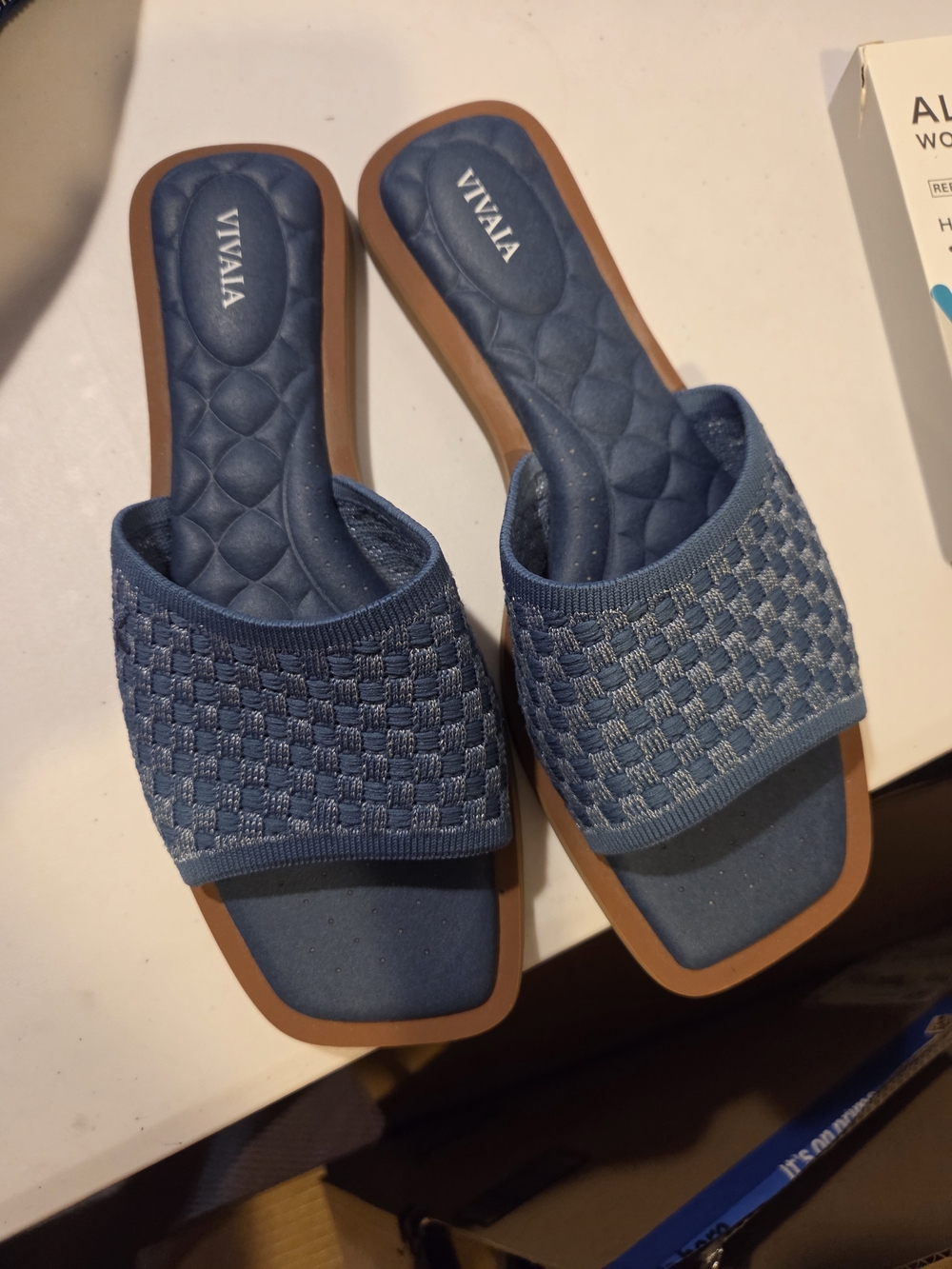 VIVAIA Denim Blue Woven Slide Mules